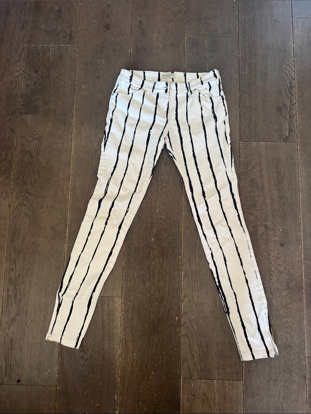 Balenciaga White Skinny Jeans with Black Vertical Stripes